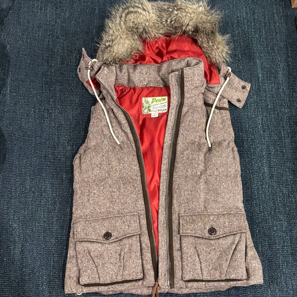 Eddie Bauer Goose Down Brown/Cream Vest with Faux Fur Hood Yukon